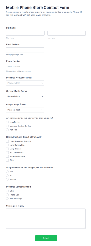Mobile Phone Store Contact Form Template