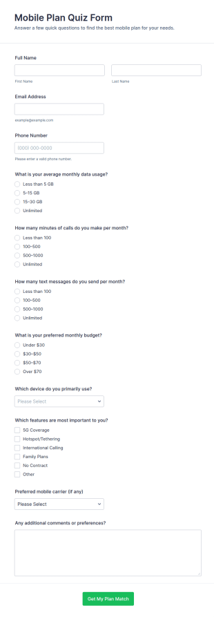 Mobile Plan Quiz Form Template