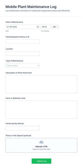 Mobile Plant Maintenance Log Form Template