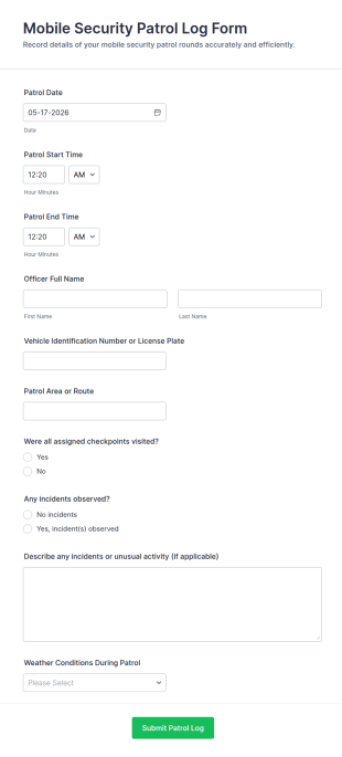 Mobile Security Patrol Log Form Template