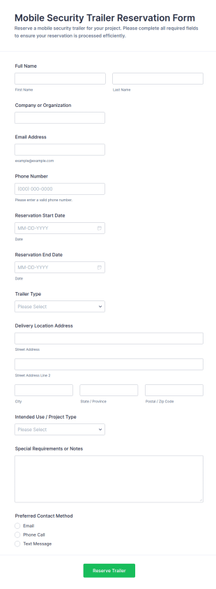 Mobile Security Trailer Reservation Form Template
