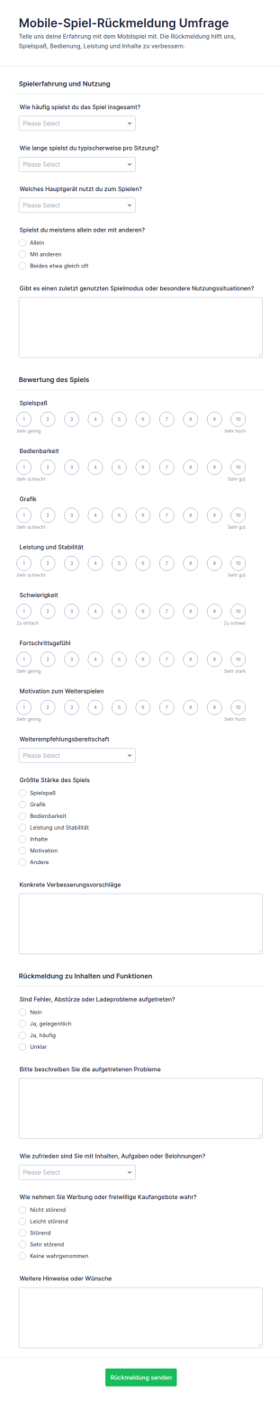 Mobile Spiel Feedback Umfrage