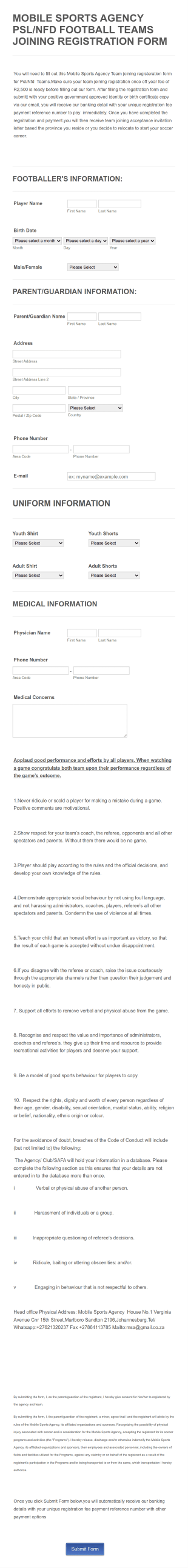 Mobile Sports Agency Online Footballers Registration Form Template