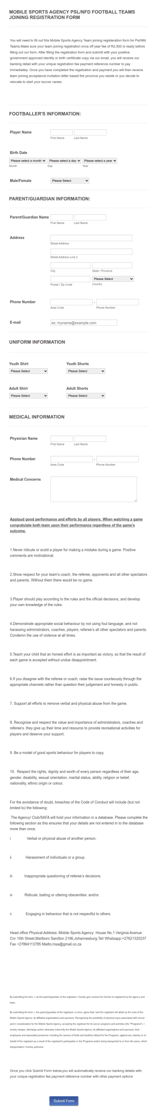 Mobile Sports Agency Online Footballers Registration Form Template