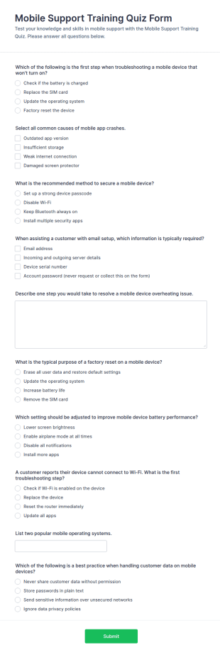 Mobile Support Training Quiz Form Template