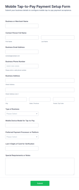 Mobile Tap To Pay Payment Setup Form Template