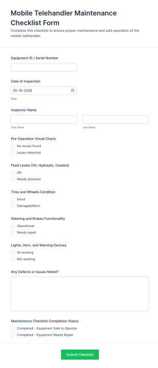 Mobile Telehandler Maintenance Checklist Form Template