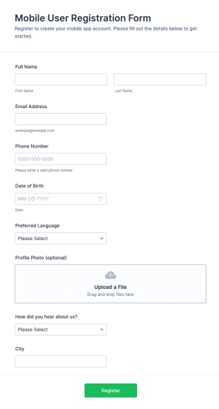 Mobile User Registration Form Template