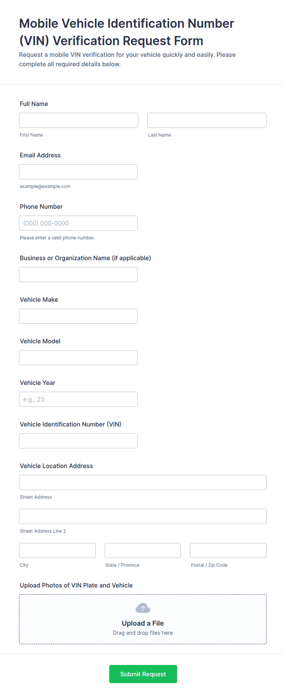 Mobile Vehicle Identification Number (VIN) Verification Request Form ...