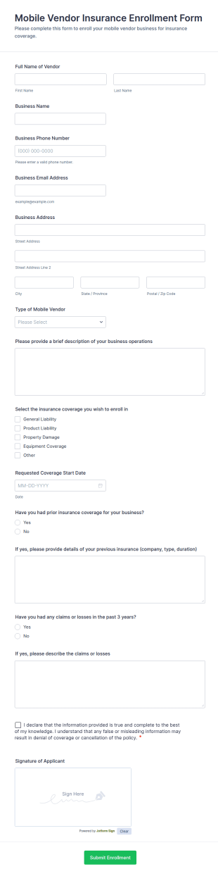 Mobile Vendor Insurance Enrollment Form Template