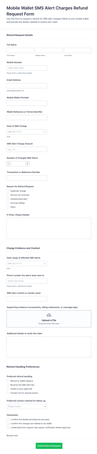 Mobile Wallet SMS Alert Charges Refund Request Form Template