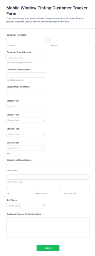 Mobile Window Tinting Customer Tracker Form Template