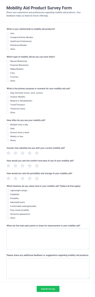 Mobility Aid Product Survey Form Template