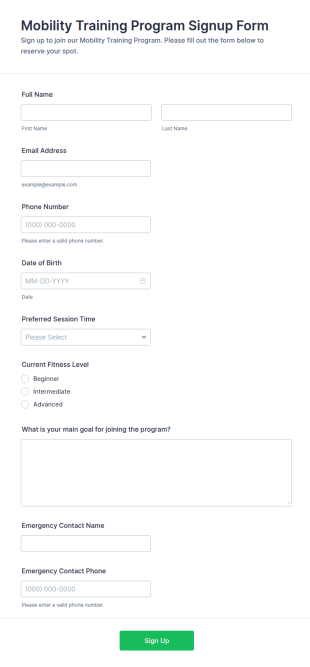 Mobility Training Program Signup Form Template