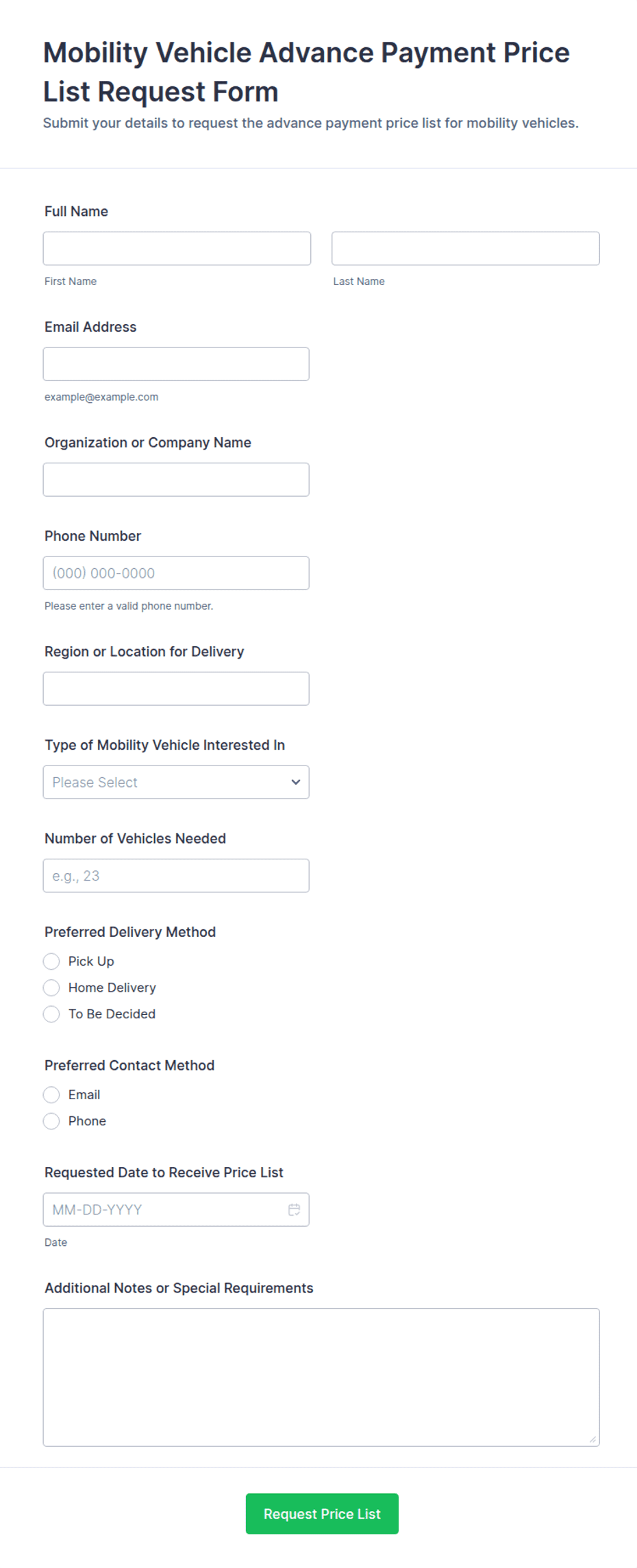 Mobility Vehicle Advance Payment Price List Request Form Template | Jotform