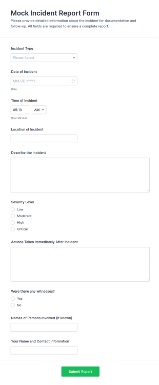 Mock Incident Report Form Template