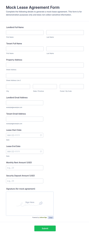 Mock Lease Agreement Form Template