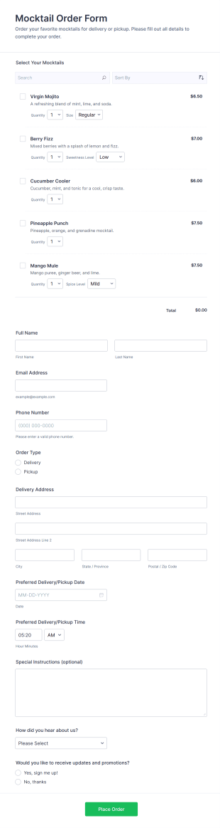 Mocktail Order Form Template
