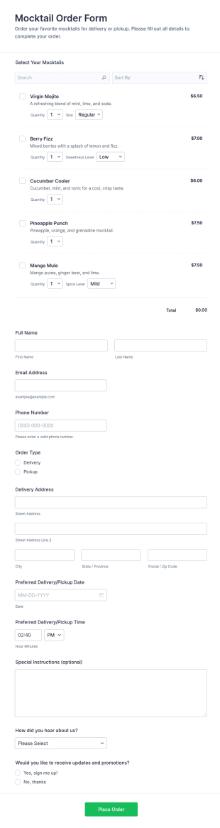 Mocktail Order Form Template