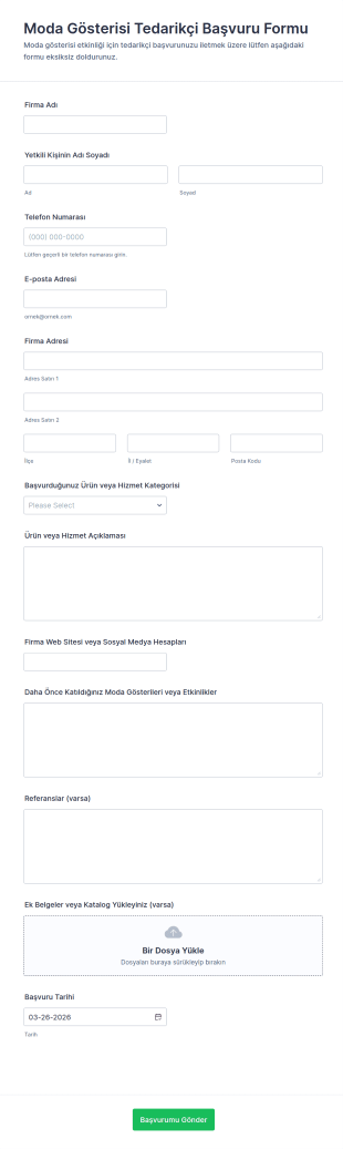 Moda Gösterisi Tedarikçi Başvuru Form Şablonu