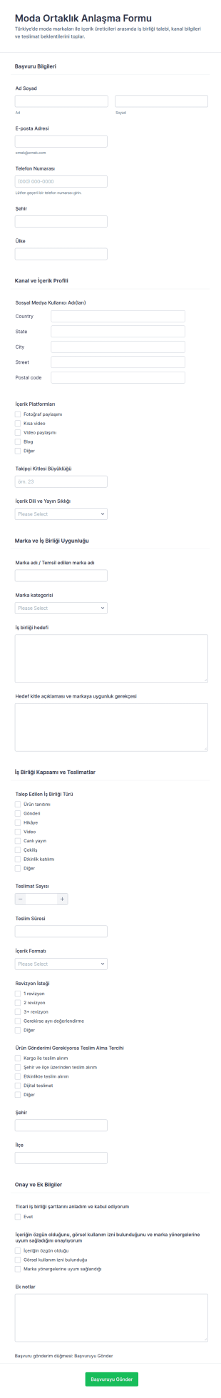 Moda İşbirliği Sözleşmesi Form Şablonu
