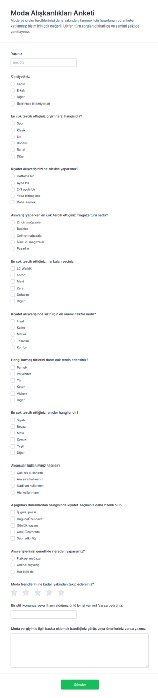Moda Tercihleri Anketi Form Şablonu