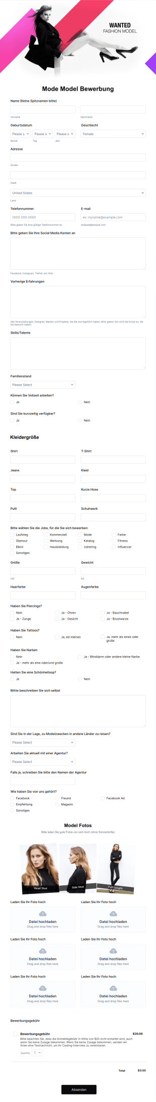 Mode Model Bewerbung Form Template