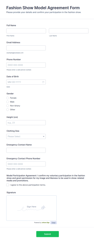 Model Agreement Form Template