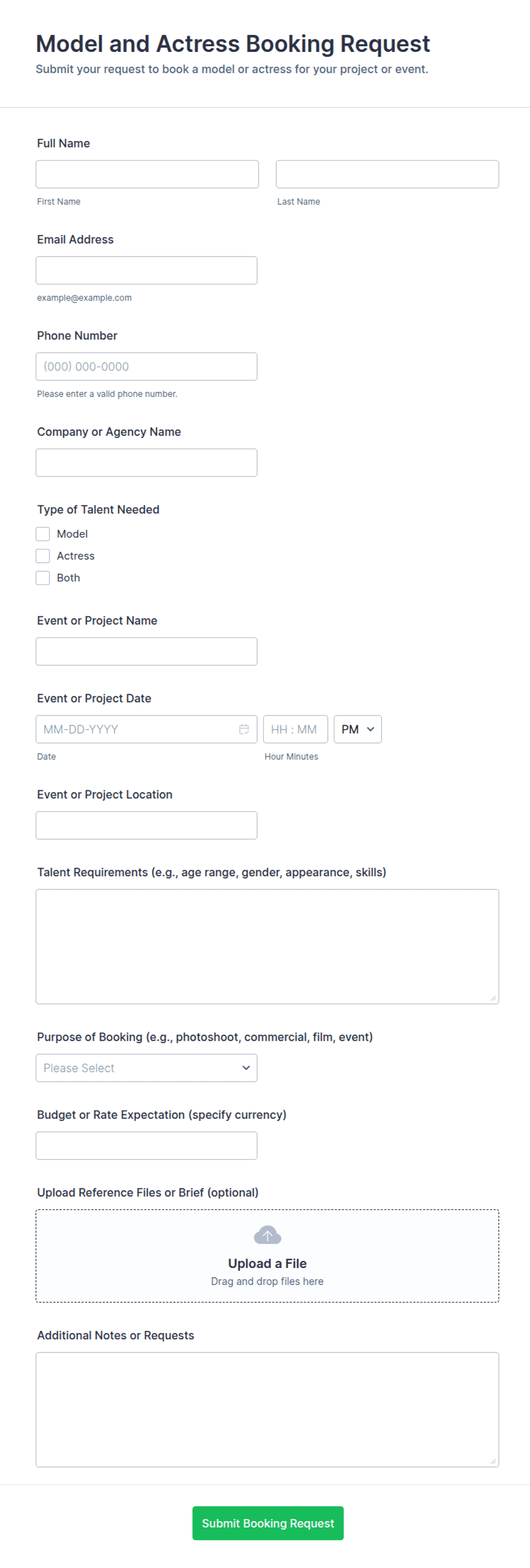 Model and Actress Booking Request Form Template | Jotform
