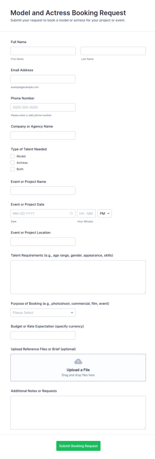 Model And Actress Booking Request Form Template