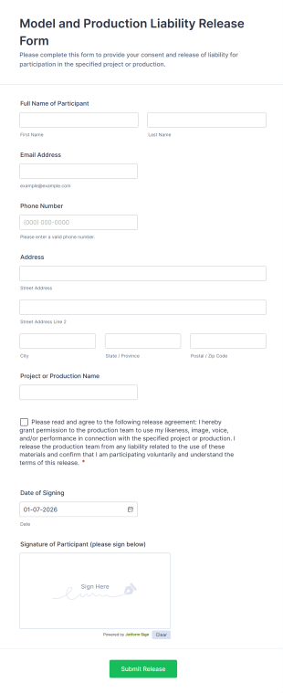Model And Production Liability Release Form Template