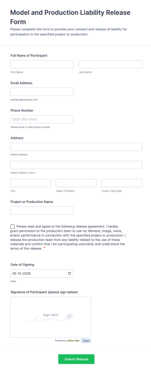Model And Production Liability Release Form Template