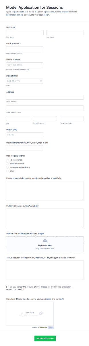 Model Application For Sessions Form Template