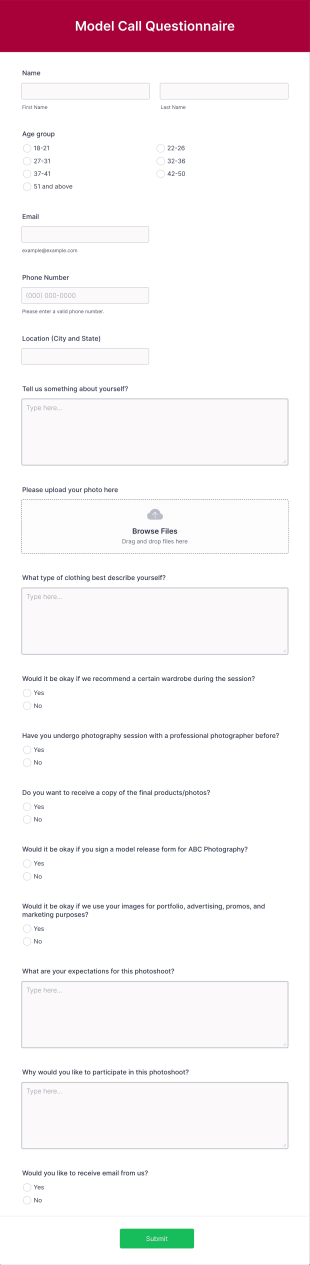 Model Call Questionnaire Form Template