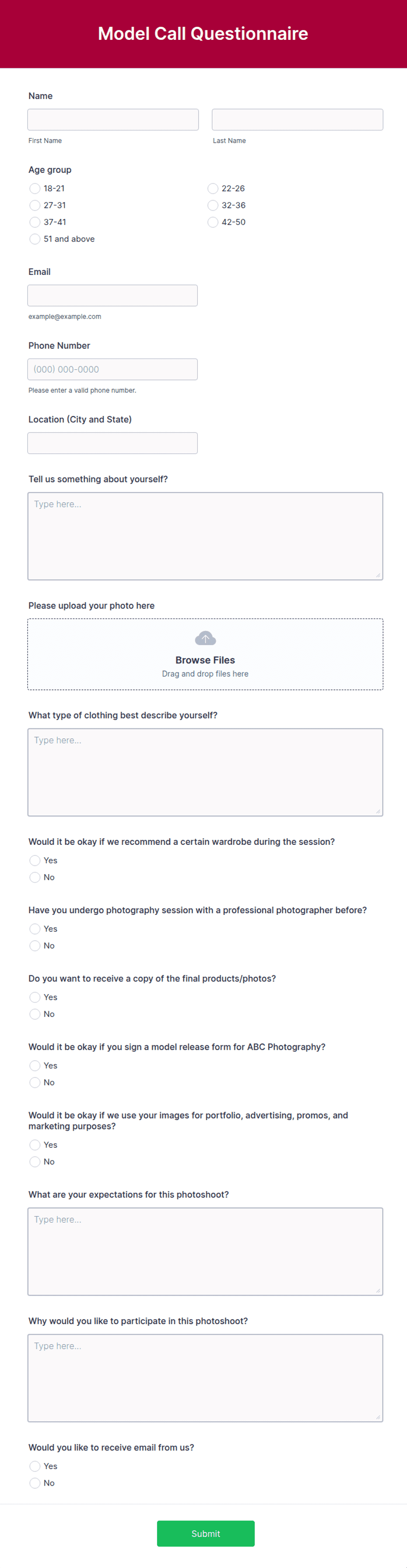 Model Questions Form Model Call Questionnaire Form Template | Jotform