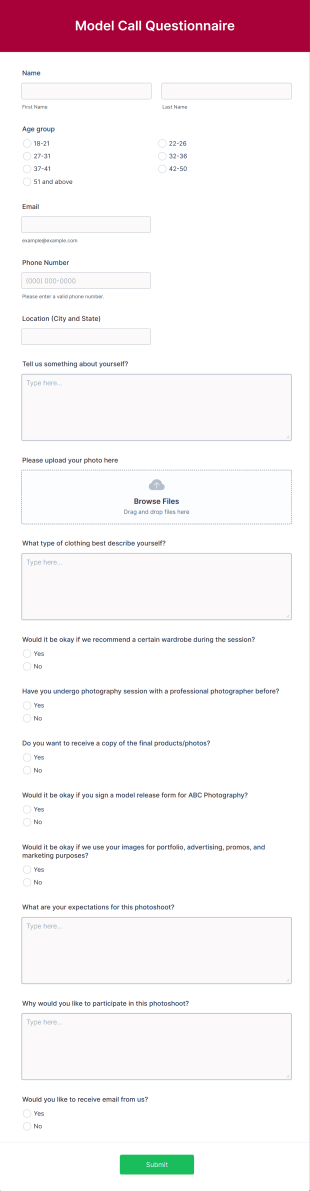 Model Call Questionnaire Form Template