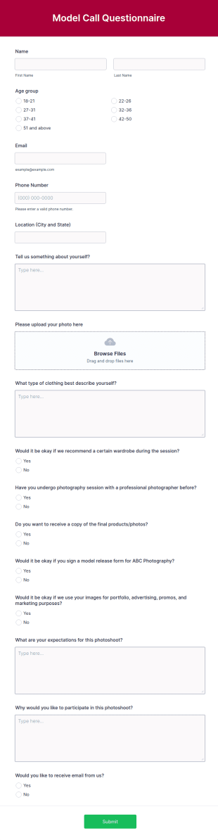 Model Call Questionnaire Form Template