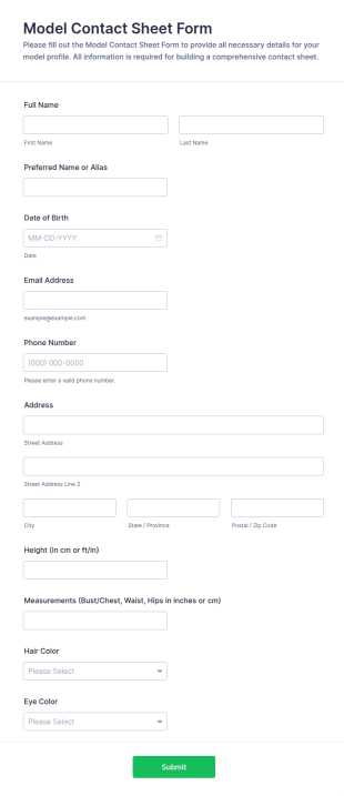 Model Contact Sheet Form Template