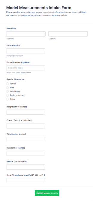 Model Measurements Intake Form Template