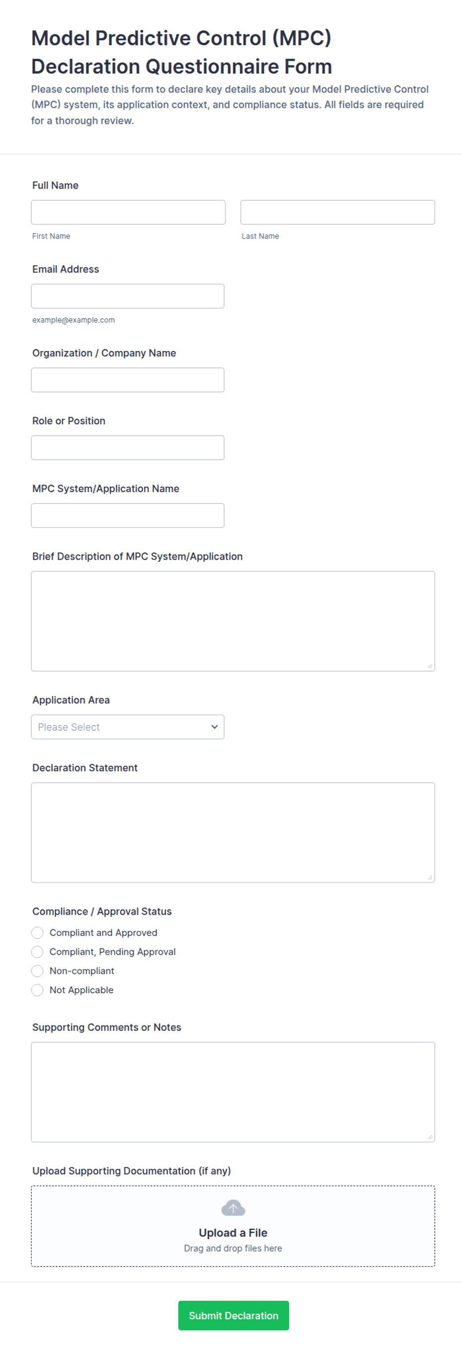 Model Predictive Control (MPC) Declaration Questionnaire Form Template ...
