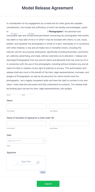 Model Release Agreement Form Template