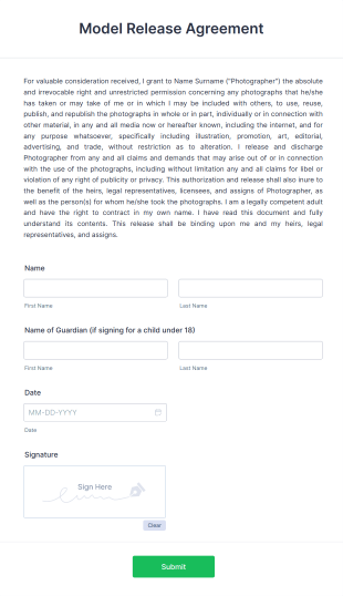 Model Release Agreement Form Template