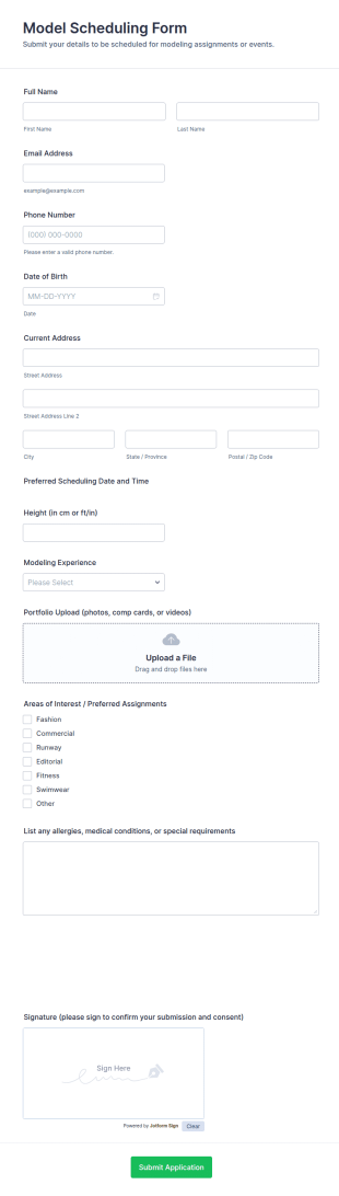 Model Scheduling Form Template