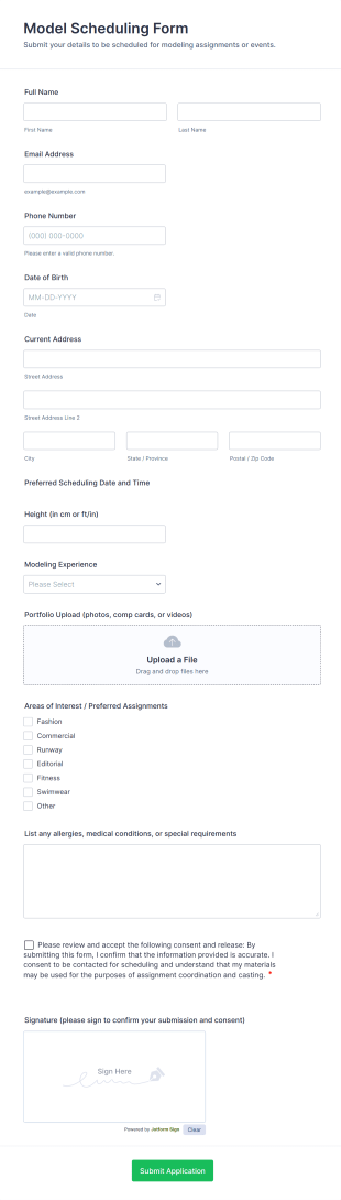 Model Scheduling Form Template
