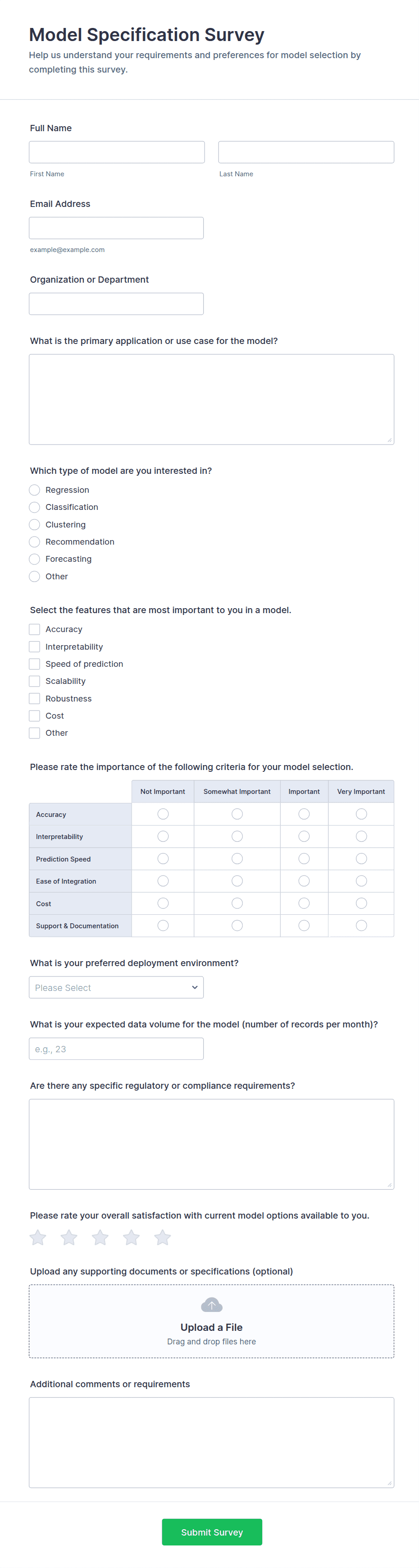 Model Specification Survey Form Template | Jotform