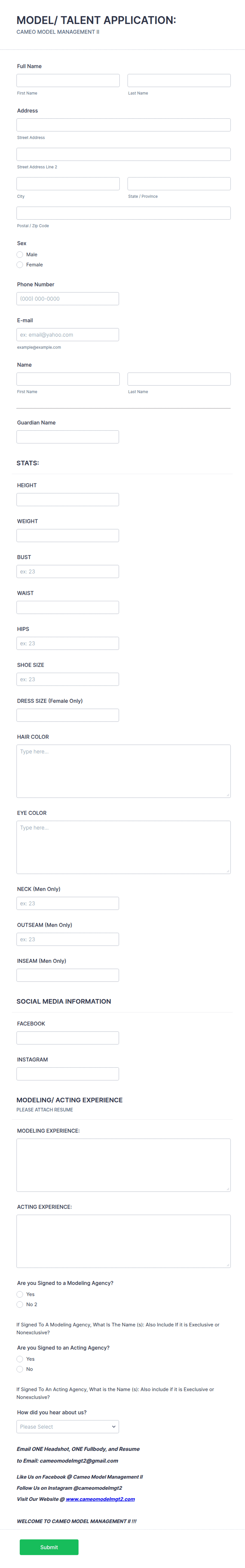 Model/ Talent Application Form Template | Jotform
