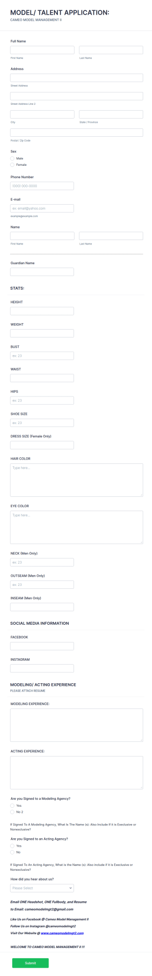Model And Talent Application Form Template