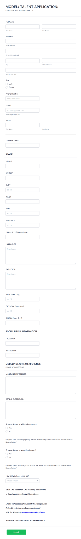 Model And Talent Application Form Template