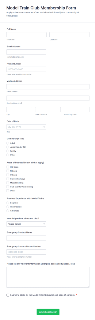 Model Train Club Membership Form Template