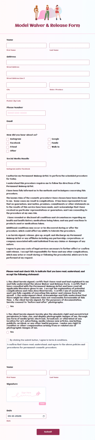 Model Waiver & Release Form Template